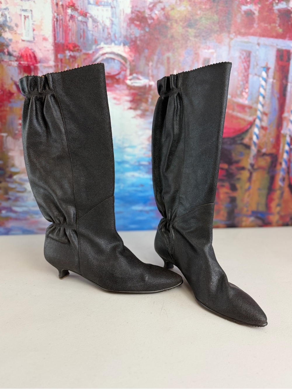 Tsumori Chisato WALK Made in Japan Metallic Black Kitten Heel Boots 23.5